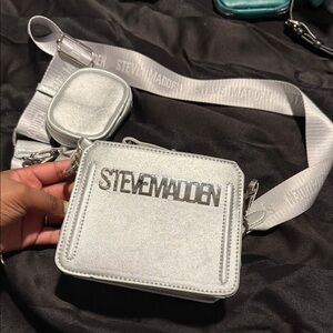 Steve Madden Metallic Silver Logo Crossbody with Detachable Pouch